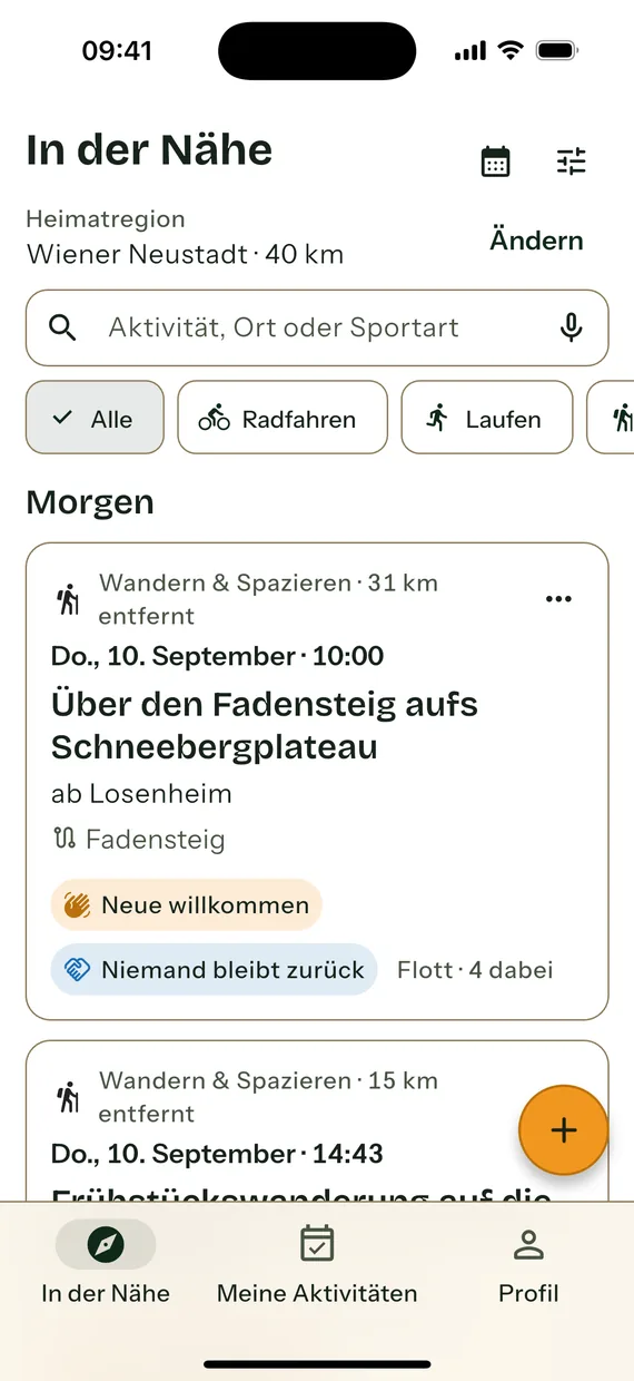 Die Startseite der App: Heimatregion Wiener Neustadt mit 40 Kilometern Umkreis, darunter eine Wanderung „Über den Fadensteig aufs Schneebergplateau“ ab Losenheim, mit dem Wegnamen Fadensteig und den Hinweisen „Neue willkommen“ und „Niemand bleibt zurück“.