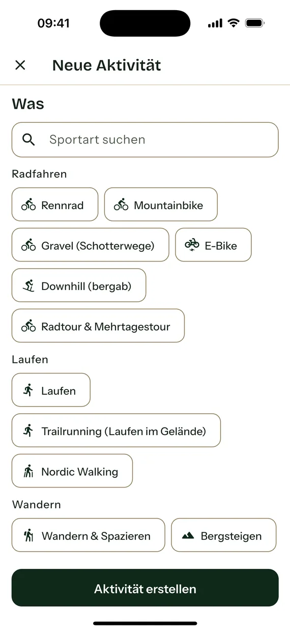 Das Formular „Neue Aktivität“ mit einem Suchfeld für Sportarten und Auswahlfeldern für Rennrad, Mountainbike, Gravel (Schotterwege), E-Bike, Downhill (bergab), Laufen, Trailrunning (Laufen im Gelände), Nordic Walking, Wandern und Bergsteigen.