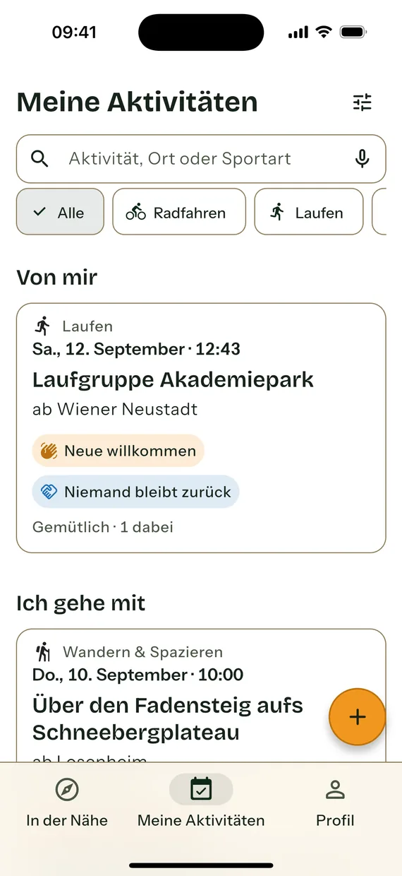 Die Seite „Meine Aktivitäten“ mit Suchfeld, Mikrofonschaltfläche, Filterchips und den Abschnitten „Von mir“ und „Ich gehe mit“.