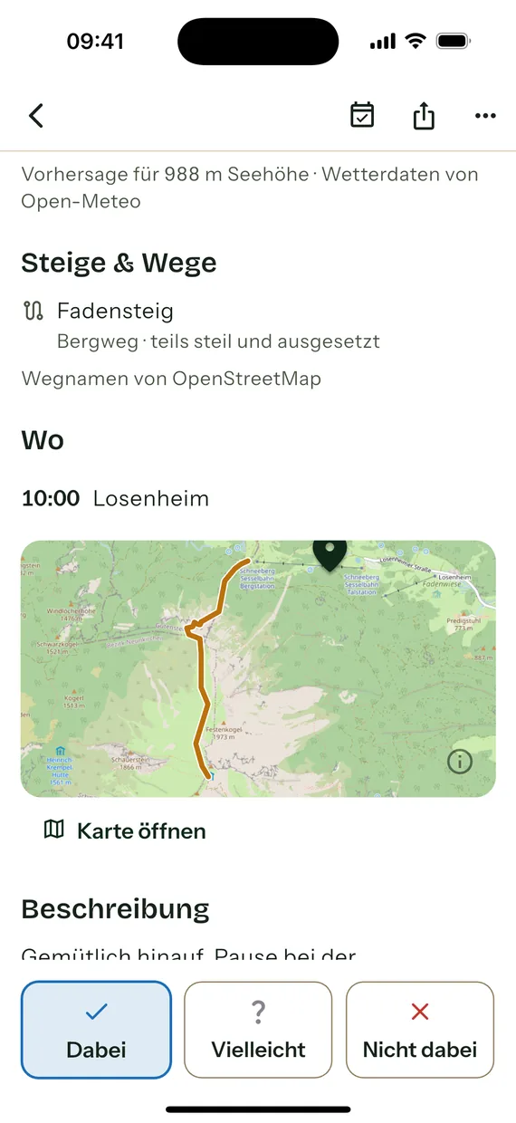 Ausschnitt einer Aktivität: „Vorhersage für 988 m Seehöhe · Wetterdaten von Open-Meteo“, darunter „Steige & Wege“ mit dem Fadensteig als Bergweg, teils steil und ausgesetzt, und eine Karte, auf der der Steig von Losenheim über den Festenkogel hinauf als Linie eingezeichnet ist.